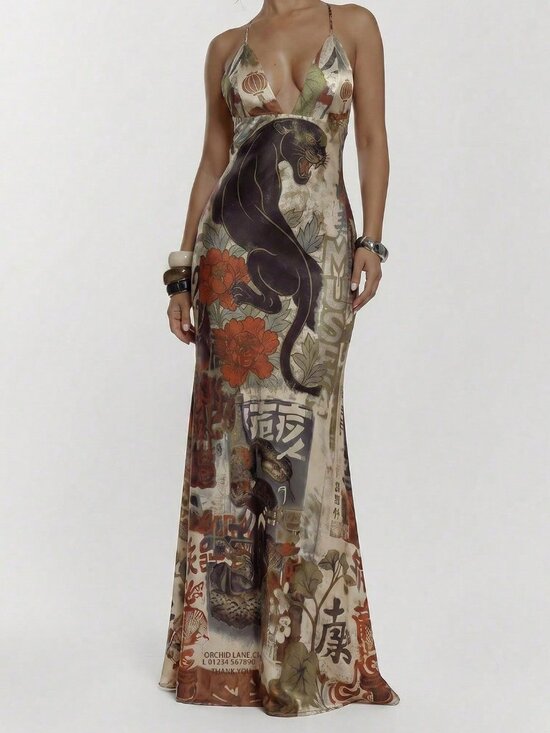 MODA ME COUTURE Dresses & Skirts - Brown Sexy Women's Lace Up Animal Print Maxi Dress